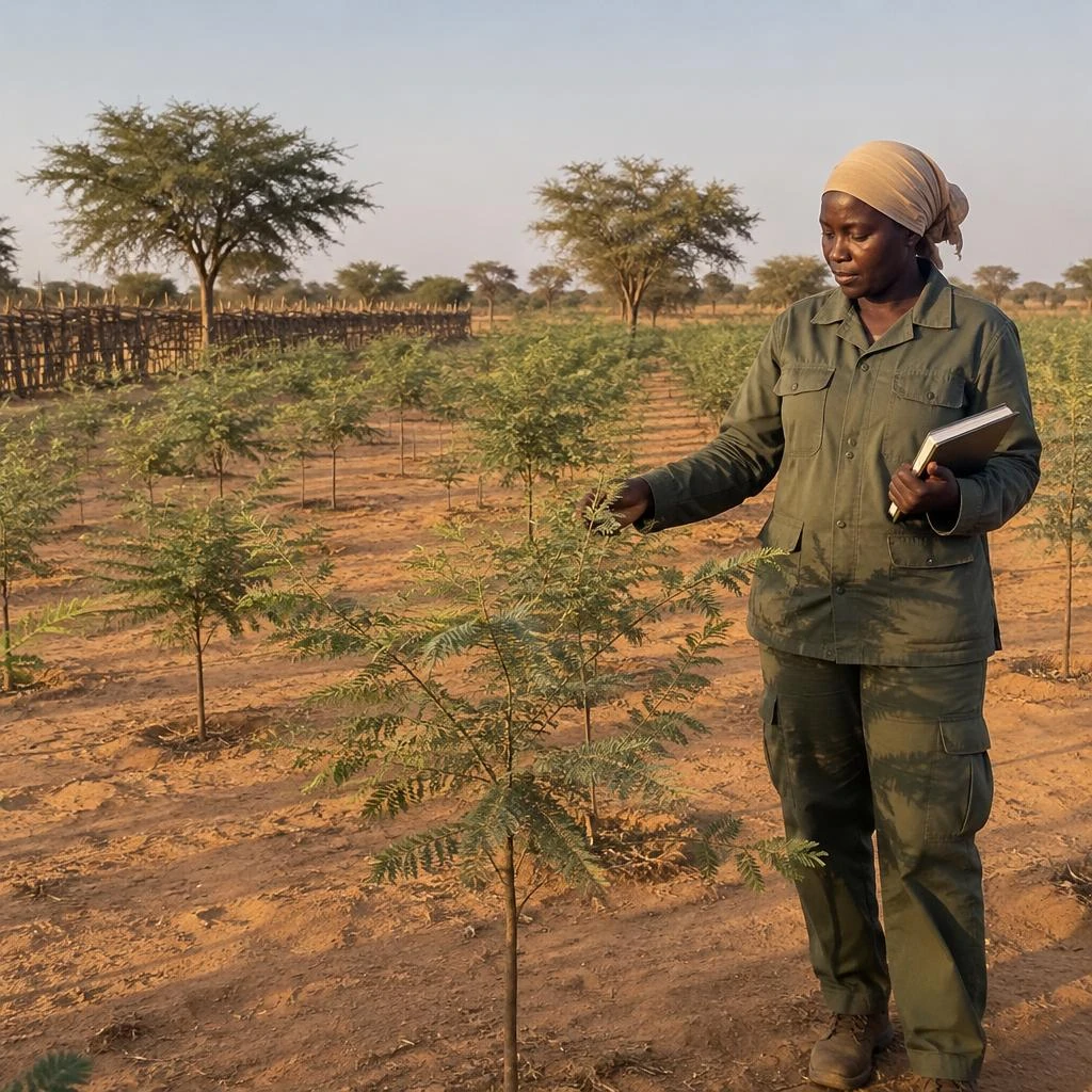 Agente forestière inspectant de jeunes acacias dans une forêt communautaire protégée au Sahel